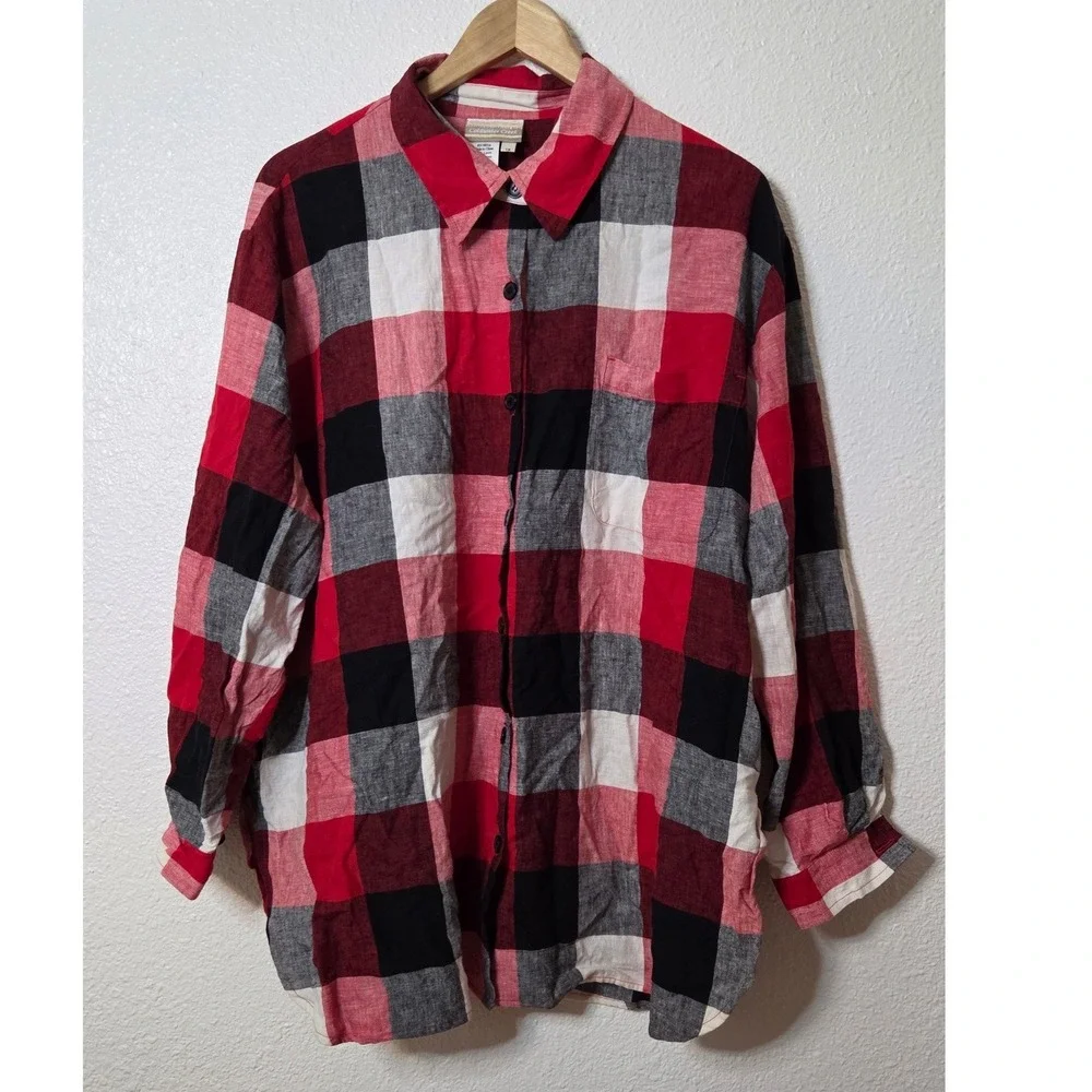 Linen Blend Plaid Button Up Relaxed Coastal Grandma Cottagecore Oversized Top 1X